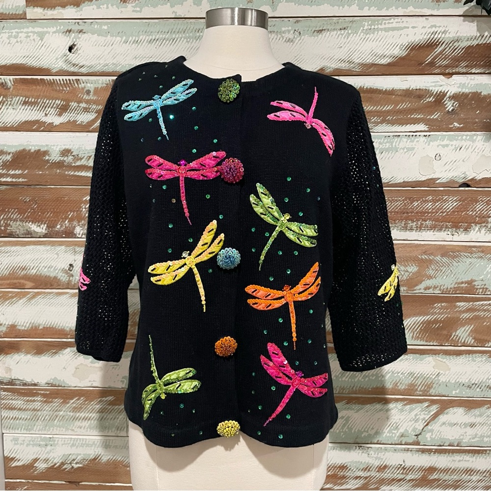 DESIGN OPTIONS Philip & Jane Gordon Black Cardigan Sweater Sequin Dragonfly XL